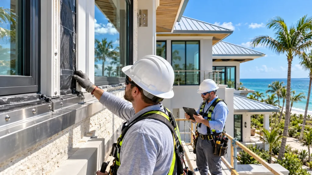 Coastal Home Construction in Florida showing a contractor inspecting weather-resistant windows, flashing, and exterior building materials.