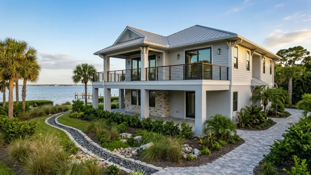 Flood-resistant Coastal Zone Construction in Safety Harbor, FL featuring an elevated home with storm protection and drainage systems.