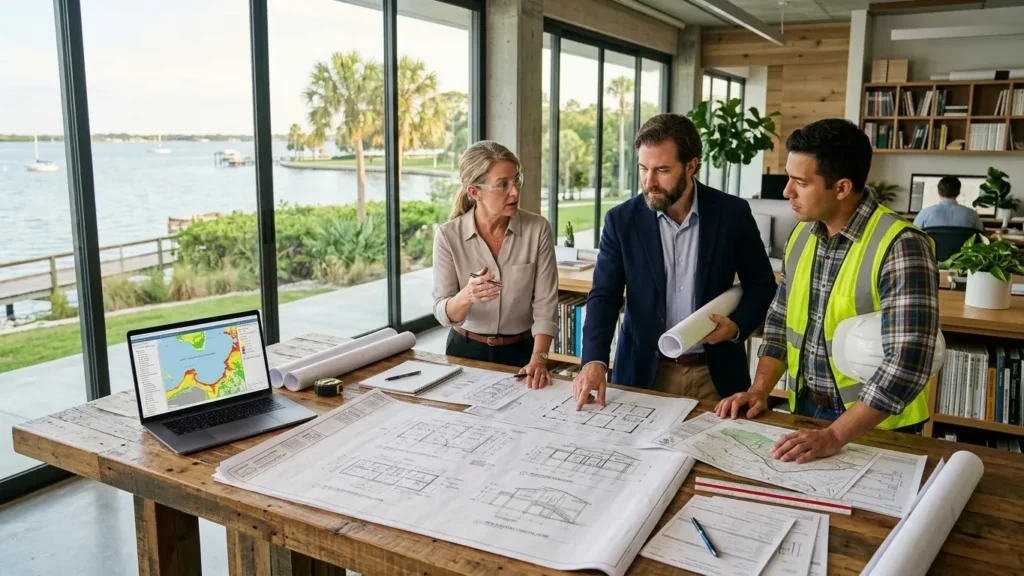 Experts planning Coastal Flood Zone Construction in Safety Harbor, FL with elevation maps, engineering blueprints, and permit documents.