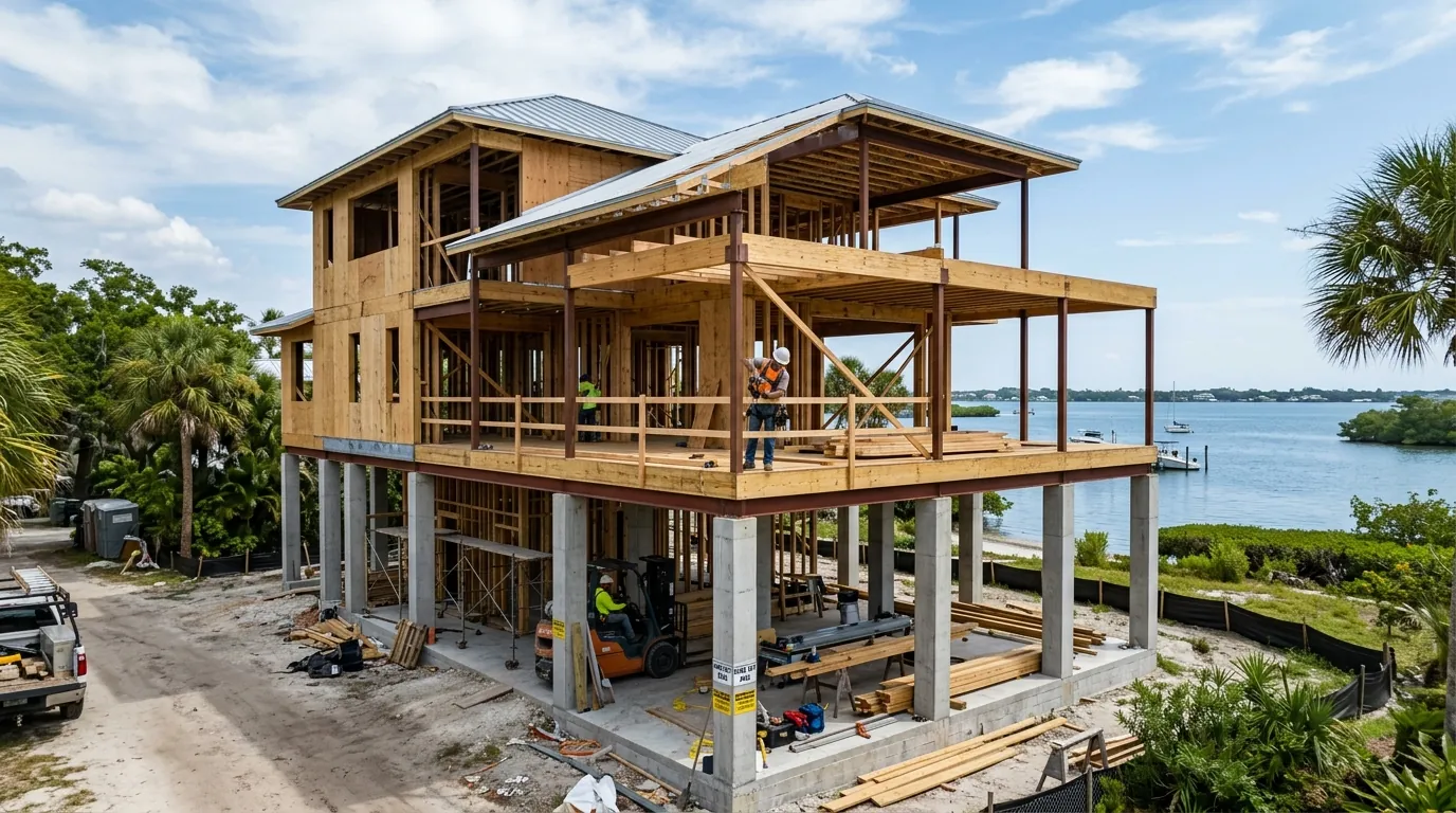 Coastal Flood Zone Construction in Safety Harbor, FL featuring an elevated residential home with a flood-resistant foundation.