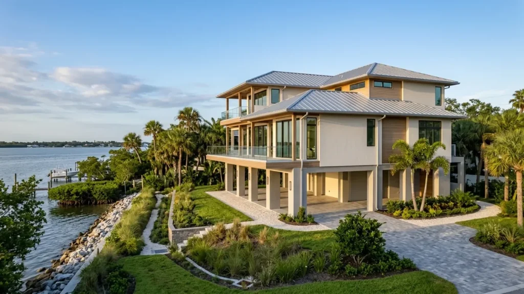 Coastal Flood Zone Construction in Safety Harbor, FL showing a hurricane-resistant home with elevated design and stormwater drainage.