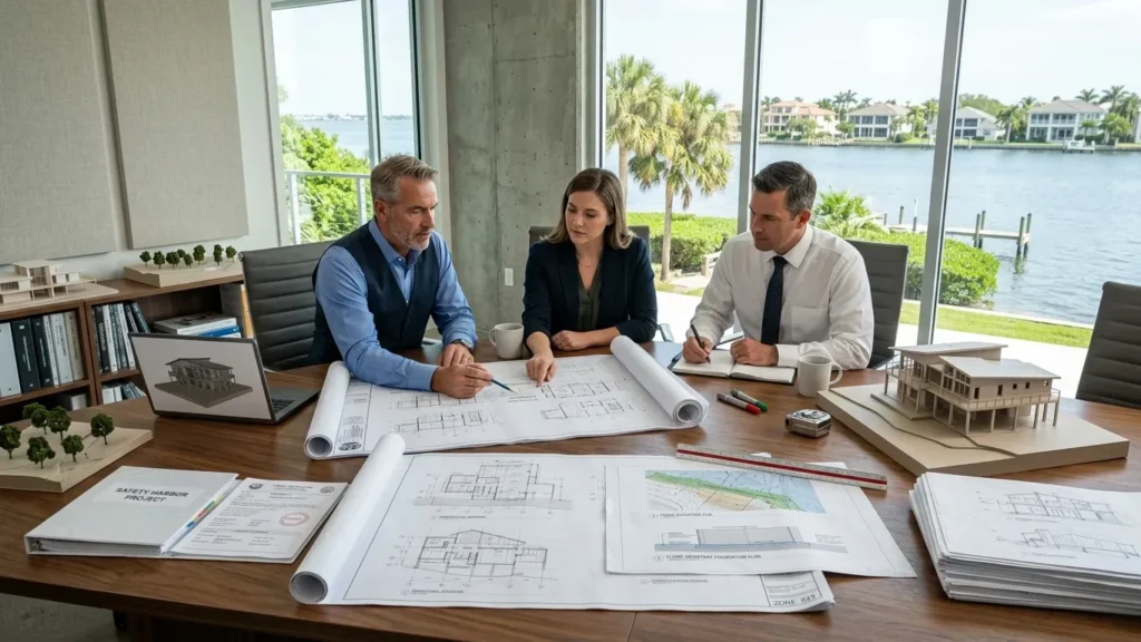 Experts planning Coastal Zone Construction in Safety Harbor, FL using building permits, architectural blueprints, and flood elevation plans.