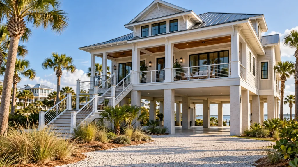 Coastal Home Construction in Florida featuring an elevated residential home with reinforced concrete columns and flood-resistant design.