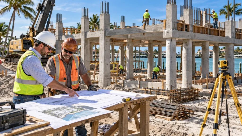Coastal Home Construction in Florida with engineers inspecting elevated foundation supports and reviewing structural building plans.