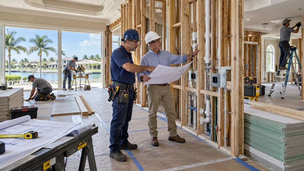 Rebuilding a flood-damaged home in Florida with contractors reviewing structural framing, repair plans, and interior reconstruction work.